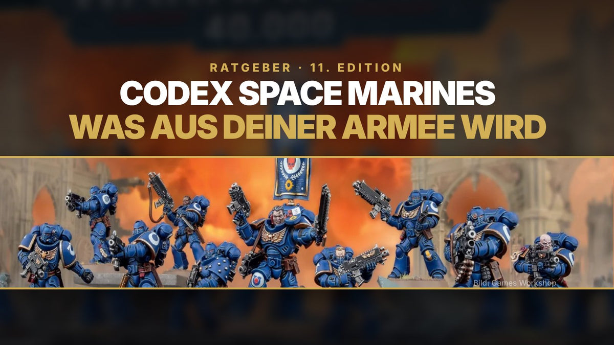 Bemalte Ultramarines Intercessors vor brennender Ruinenkulisse