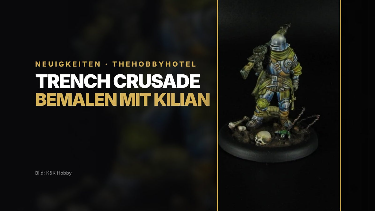 Bemalte Trench-Crusade-Miniatur auf einer Schützengraben-Base