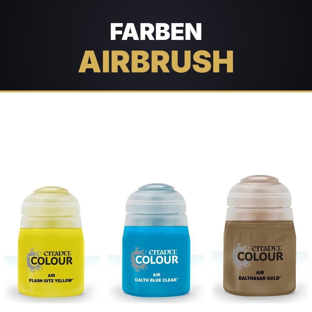 Airbrush-Farben: Citadel Air Flash Gitz Yellow, Calth Blue Clear, Balthasar Gold