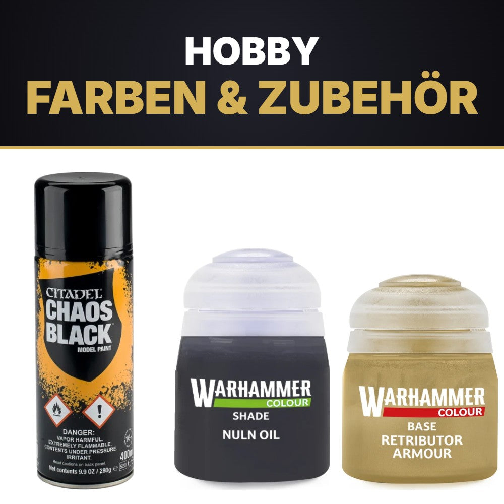Farben und Zubehör: Citadel Chaos Black Spray, Nuln Oil, Retributor Armour