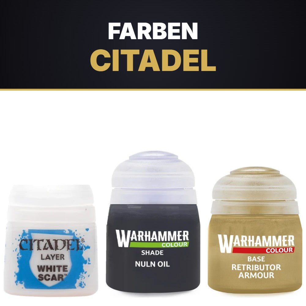 Citadel Farben: White Scar, Nuln Oil, Retributor Armour