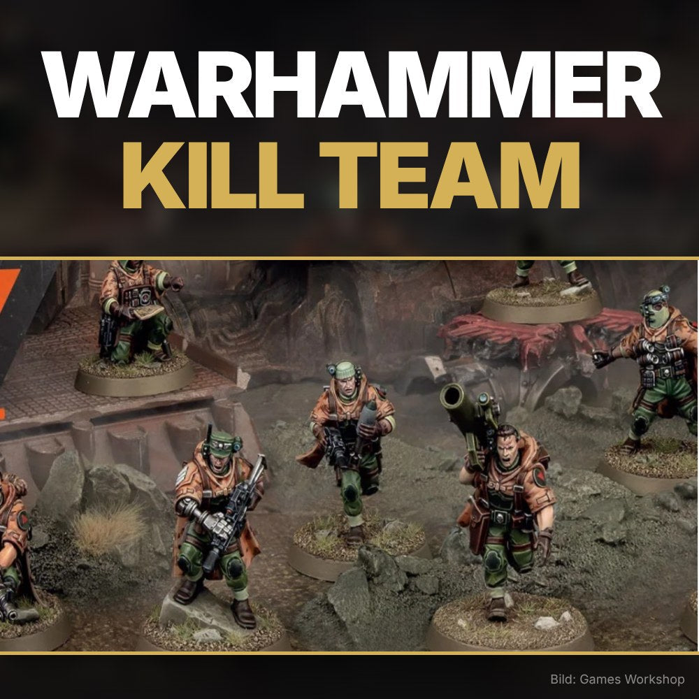 Bemalte Kill-Team-Miniaturen der Spectre Squad auf Gelände