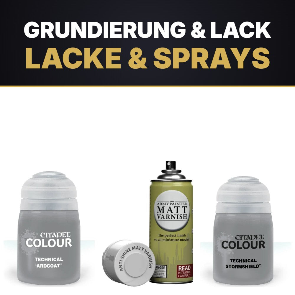 Lacke: Citadel Ardcoat, Army Painter Anti-Shine, Citadel Stormshield