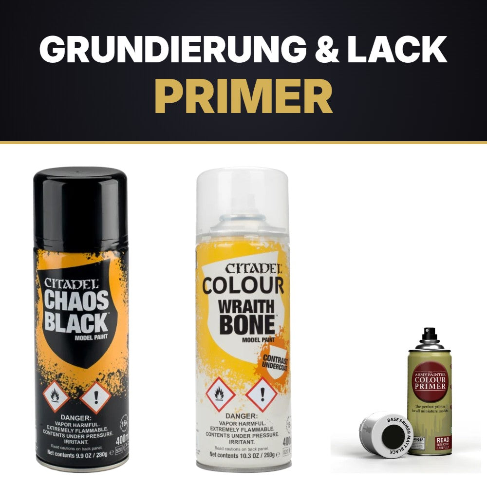 Grundierung: Citadel Chaos Black und Wraithbone Spray, Army Painter Base Primer