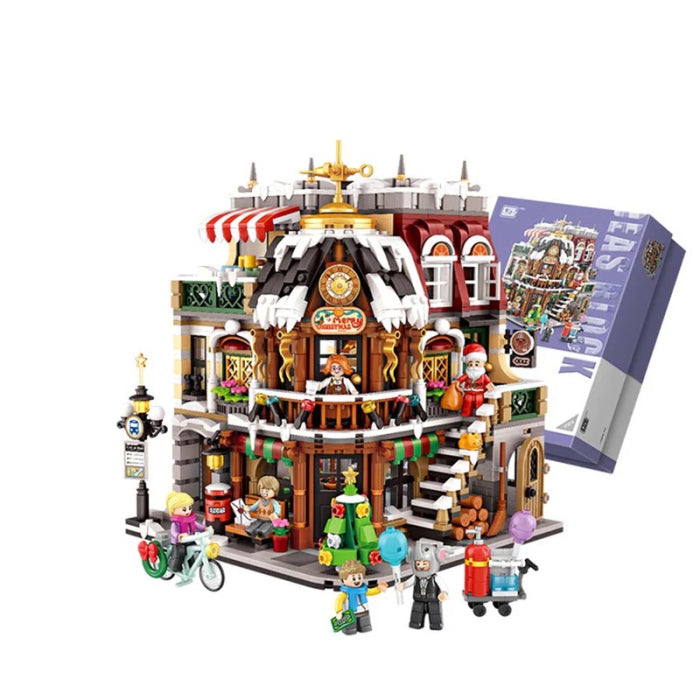 LOZ 1054 Weihnachtscafe Klemmbaustein-Modell mit warmen Lichtern hinter festlichen Fenstern
