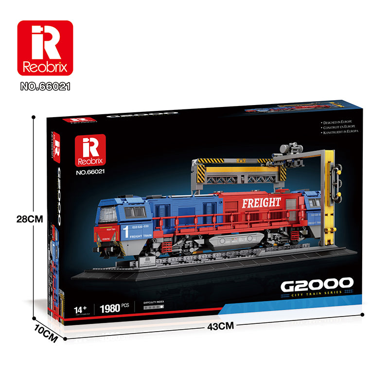 Reobrix 66021 G2000 Klemmbaustein-Modell, Güterzug-Lokomotive in der Gesamtansicht