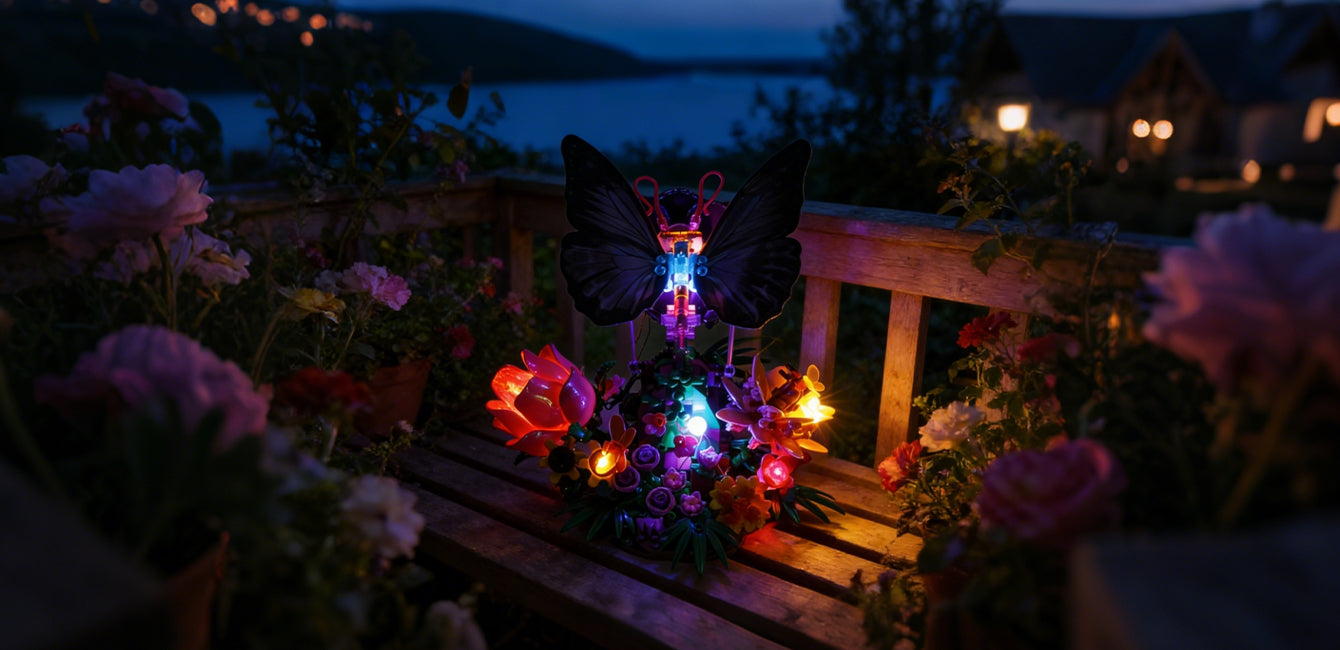 JMBricklayer 10002 Butterfly Effect Klemmbaustein-Modell, Ansicht mit eingeschalteter Beleuchtung