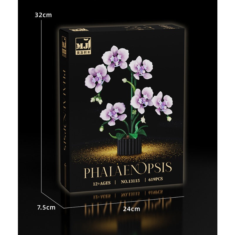 Mojing 13115 Schmetterlingsorchidee Lila Klemmbaustein-Modell, Verpackung mit Maßangaben