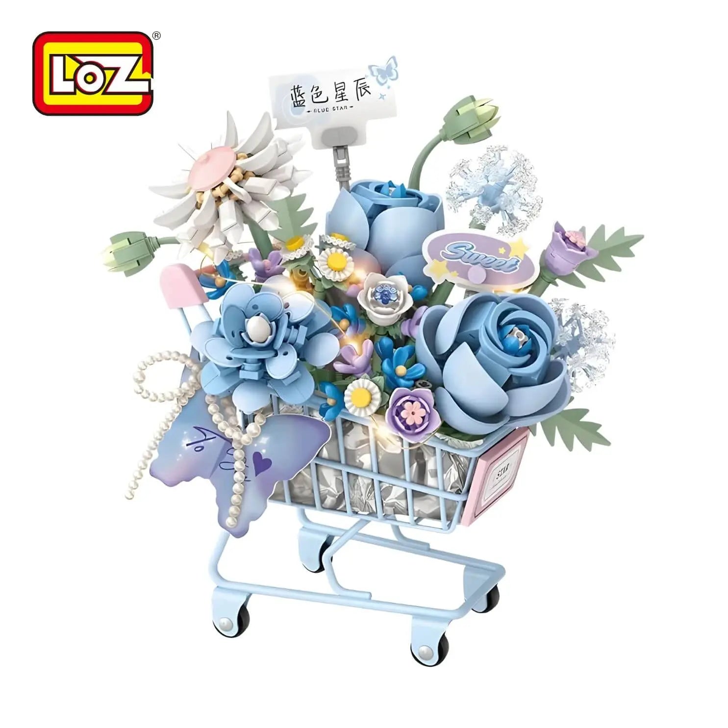 LOZ 4127 Blumenwagen Blau Klemmbaustein-Modell, Gesamtansicht mit Lichterkette