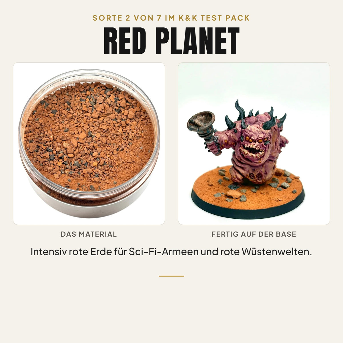 K&K Test Pack Sorte 2: Red Planet, Material in der Dose und bemalte Miniatur auf der fertigen Base
