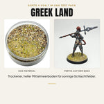 K&K Test Pack Sorte 4: Greek Land, Material in der Dose und bemalte Miniatur auf der fertigen Base