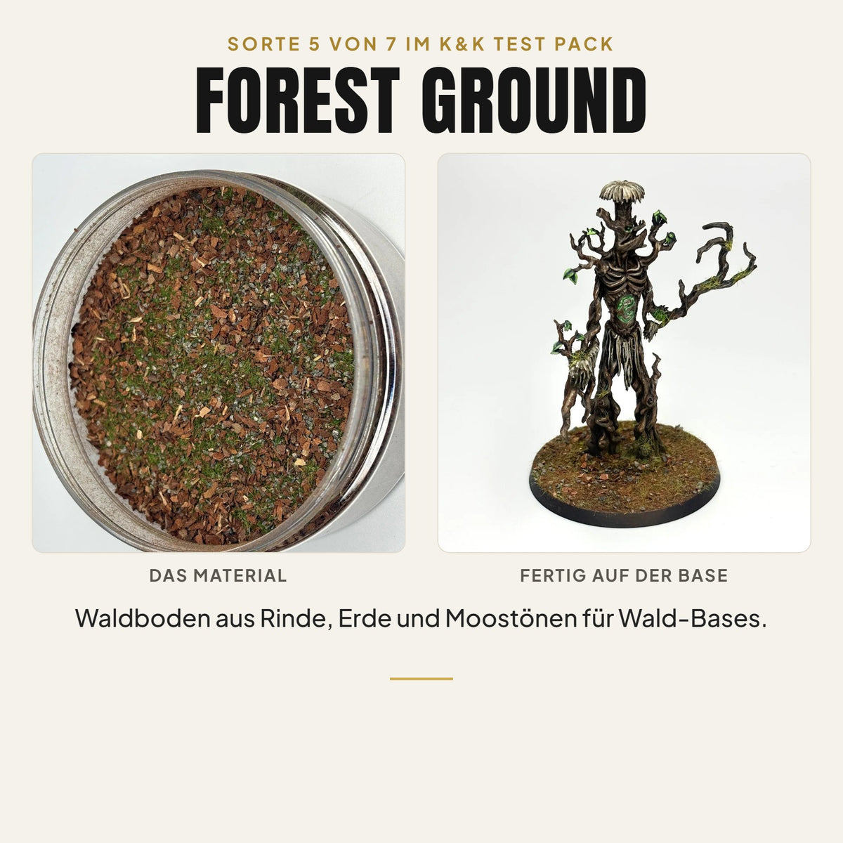 K&K Test Pack Sorte 5: Forest Ground, Material in der Dose und bemalte Miniatur auf der fertigen Base
