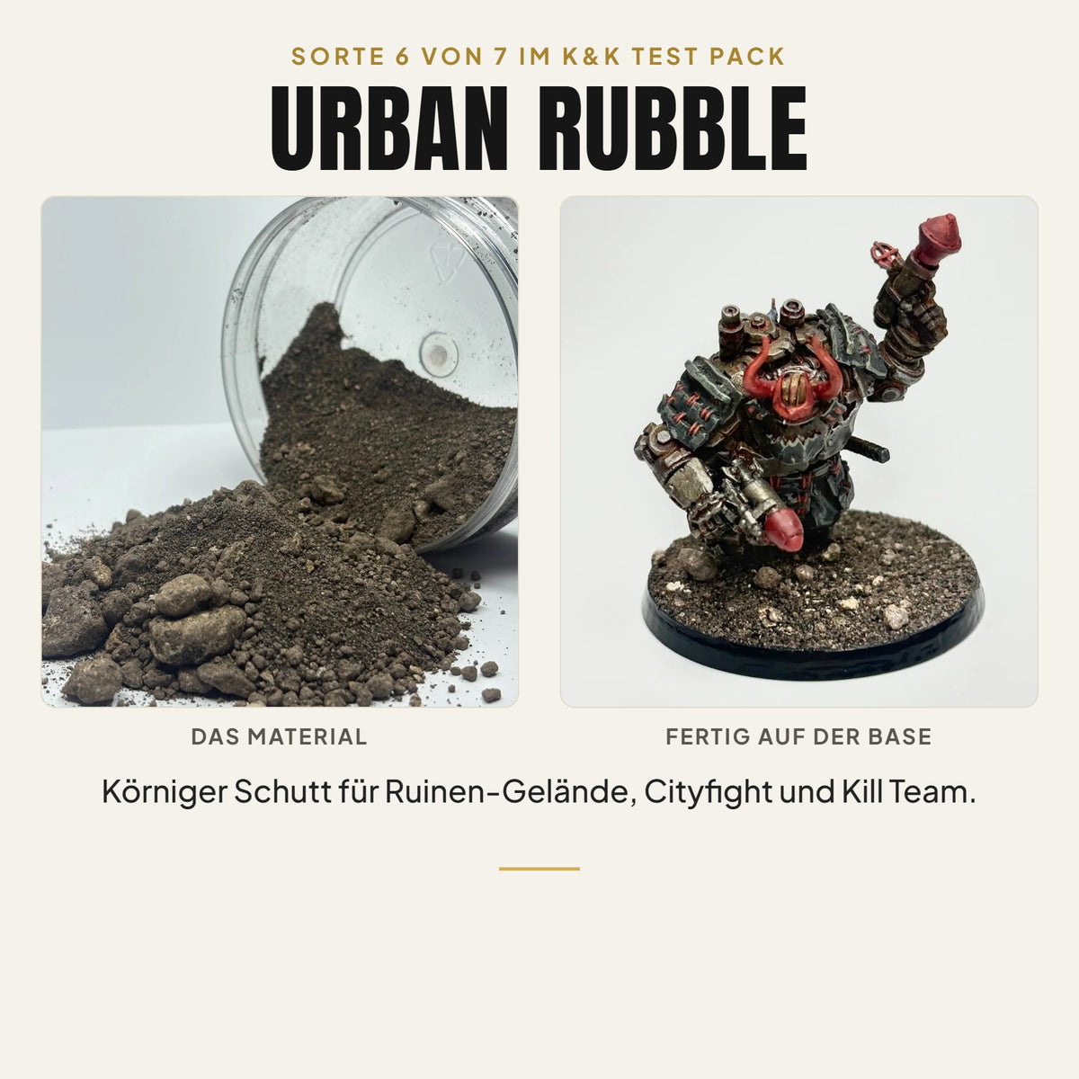 K&K Test Pack Sorte 6: Urban Rubble, Material und bemalte Miniatur auf der fertigen Base