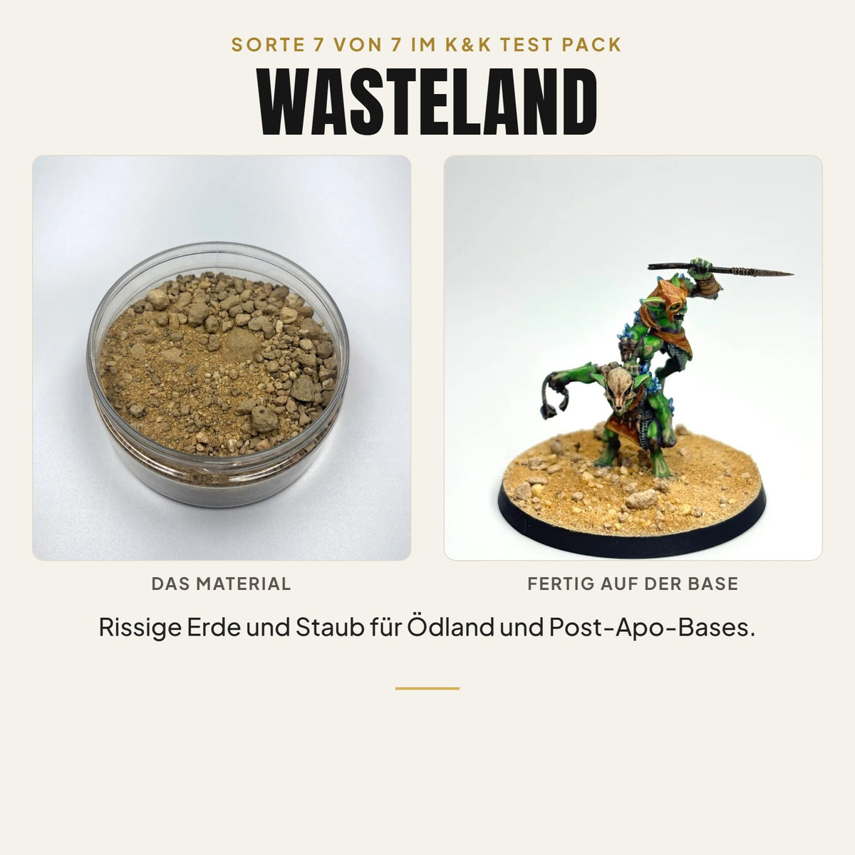K&K Test Pack Sorte 7: Wasteland, Material in der Dose und bemalte Miniatur auf der fertigen Base