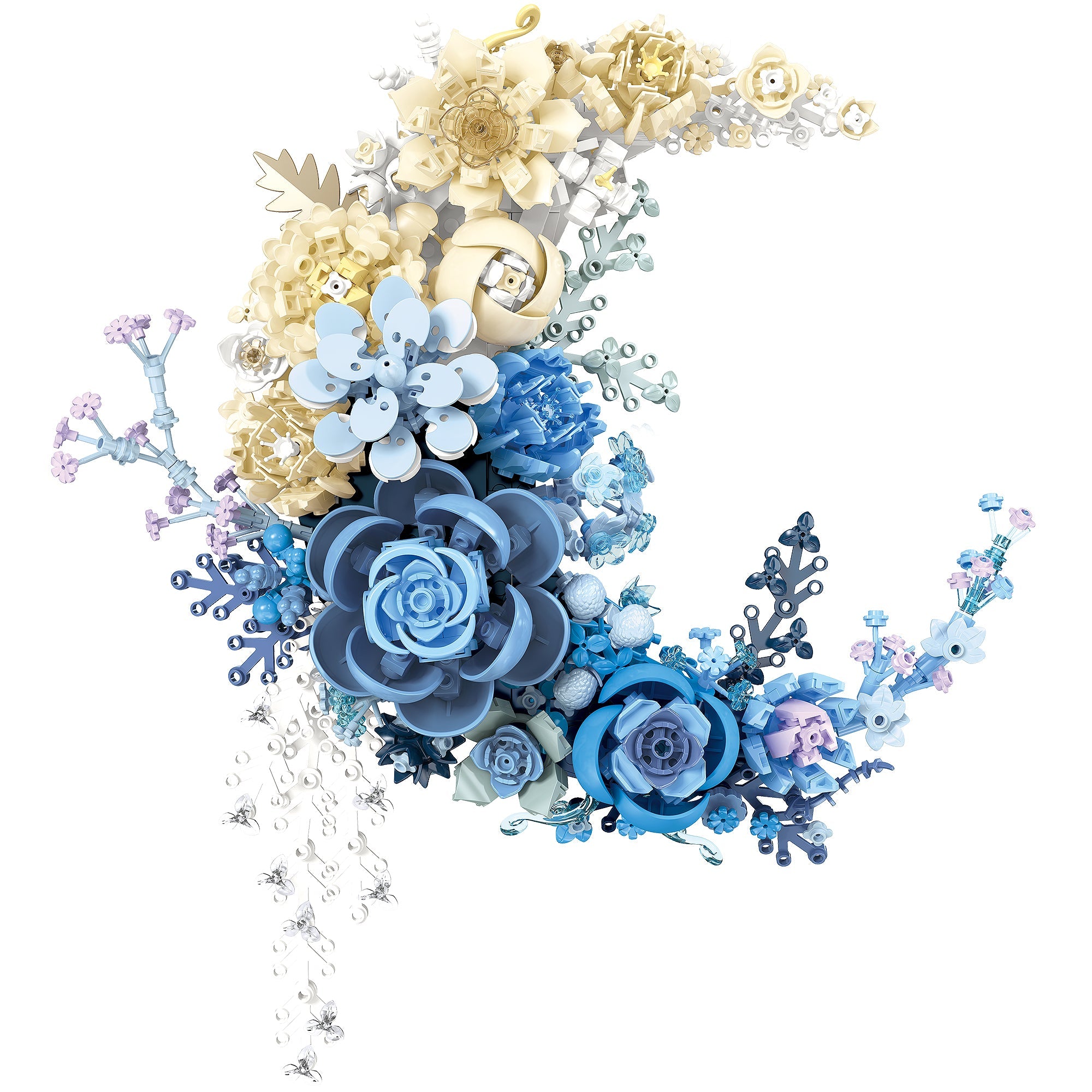 JIE STAR JJ9094 Mondblume Klemmbaustein-Modell, Herstelleransicht in Blau und Weiß