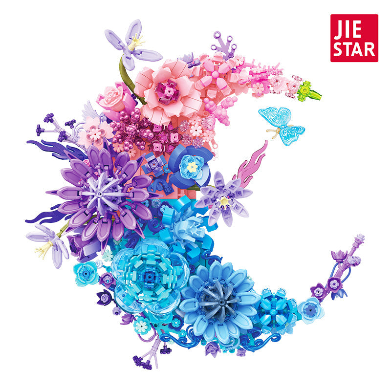 JIE STAR JJ9163 Mondblume Klemmbaustein-Modell, Herstelleransicht in Rosa, Violett und Türkis