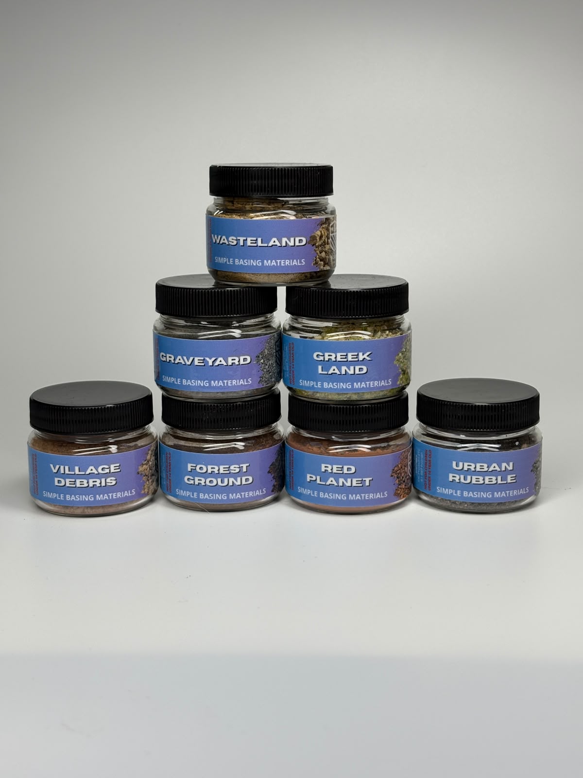 K&K Hobby Test Pack mit sieben Dosen à 50 ml: Wasteland, Graveyard, Greek Land, Village Debris, Forest Ground, Red Planet und Urban Rubble