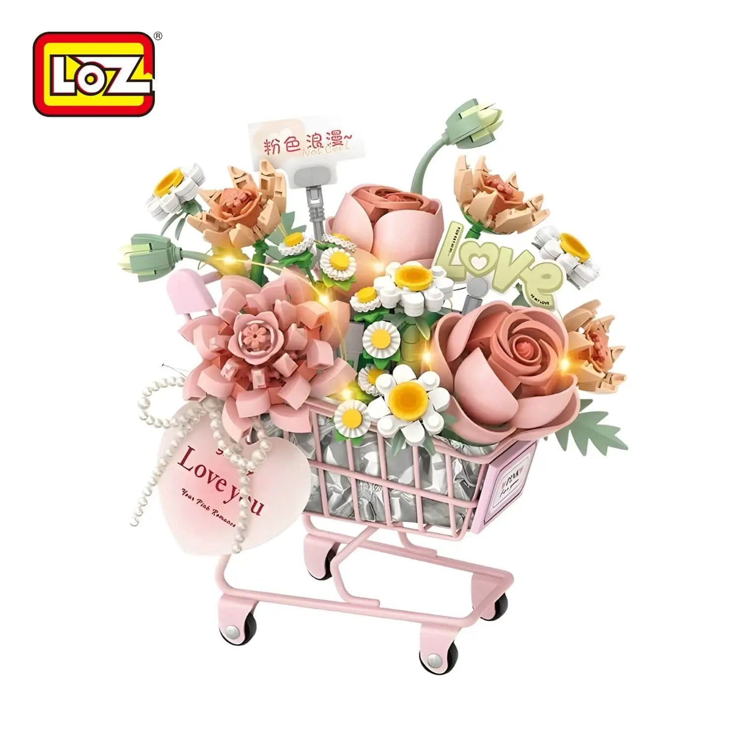 LOZ 4124 Blumenwagen Rosa Klemmbaustein-Modell, Gesamtansicht mit Lichterkette