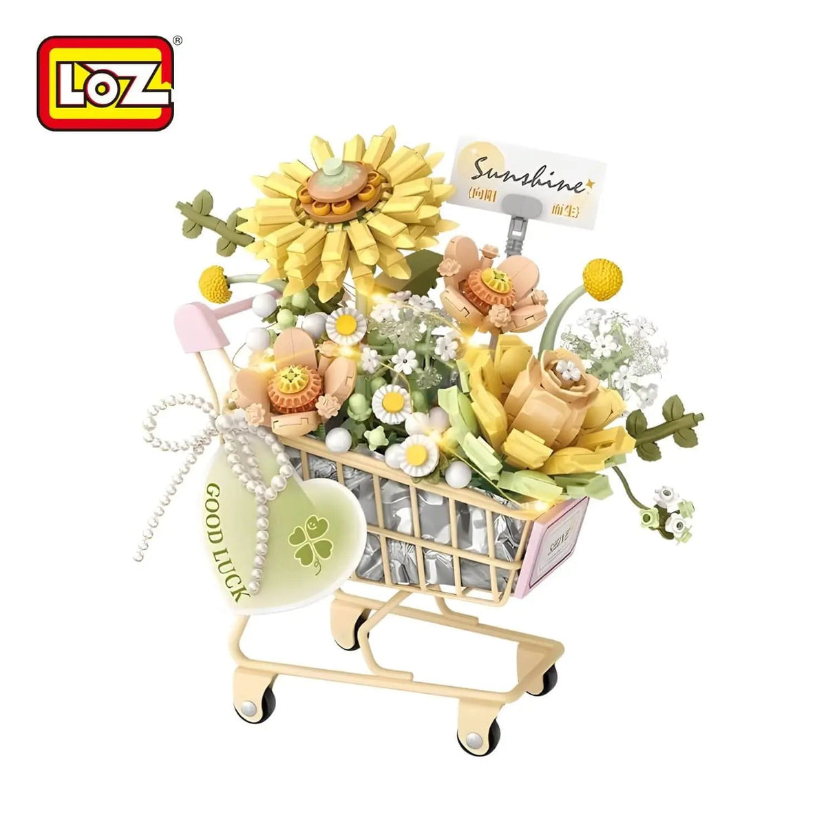 LOZ 4126 Blumenwagen Gelb Klemmbaustein-Modell, Gesamtansicht mit Lichterkette