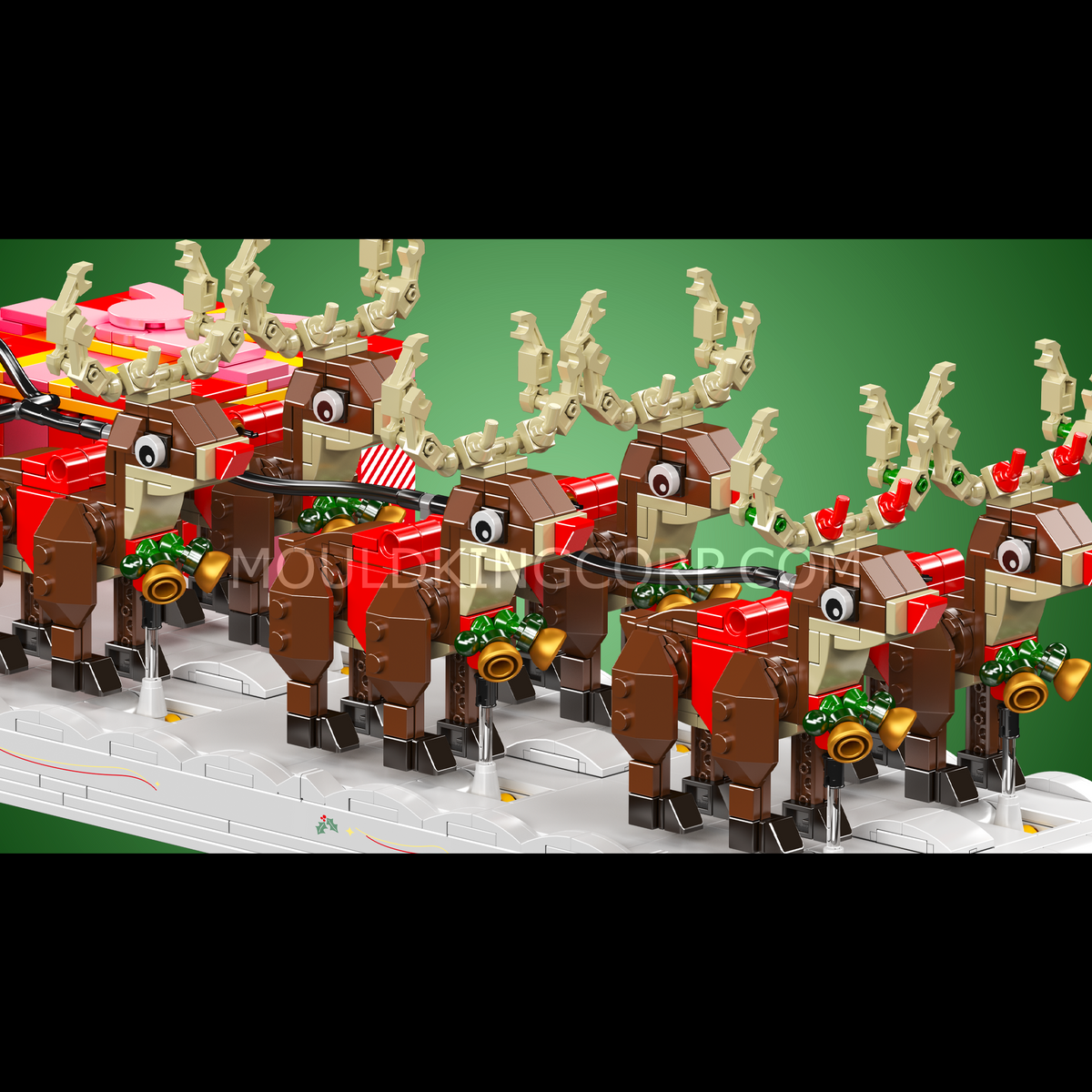 Mould King 10154 Weihnachtsschlitten Klemmbaustein-Modell, Detailaufnahme der Rentiere